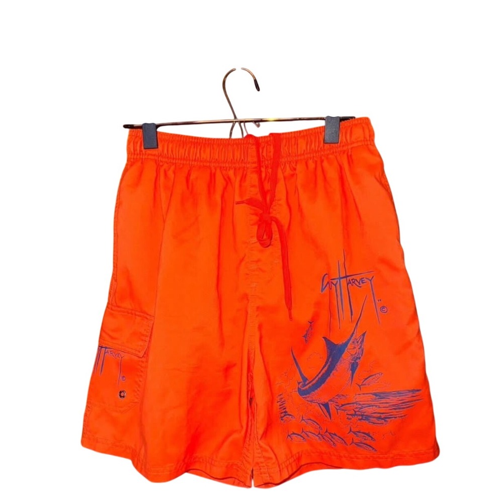 Guy Harvey Swim Trunks Medium Orange Marlin Graphic Cargo Pocket Shorts